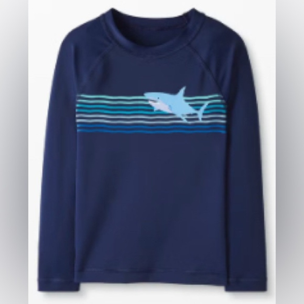 KIDS Hanna Andersson Sunblock Navy Blue Shark Art Rash Guard Swim Top - SIZE 10